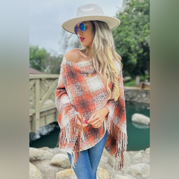 Plaid Orange and Cream Poncho - Picture 1 of 4